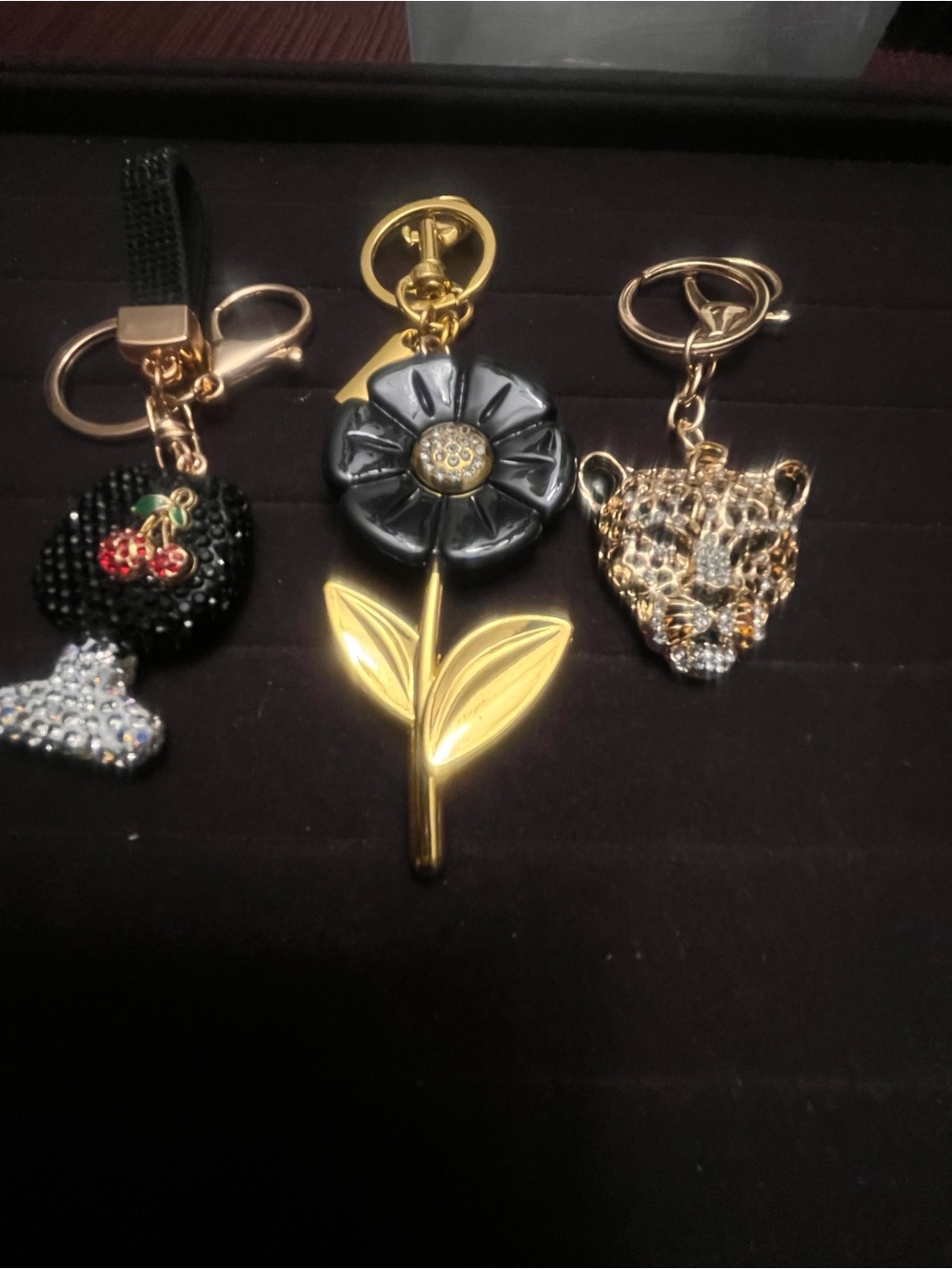 Gold & Black Flower Keychain Charm with champagne, wine glass charm with cheetah